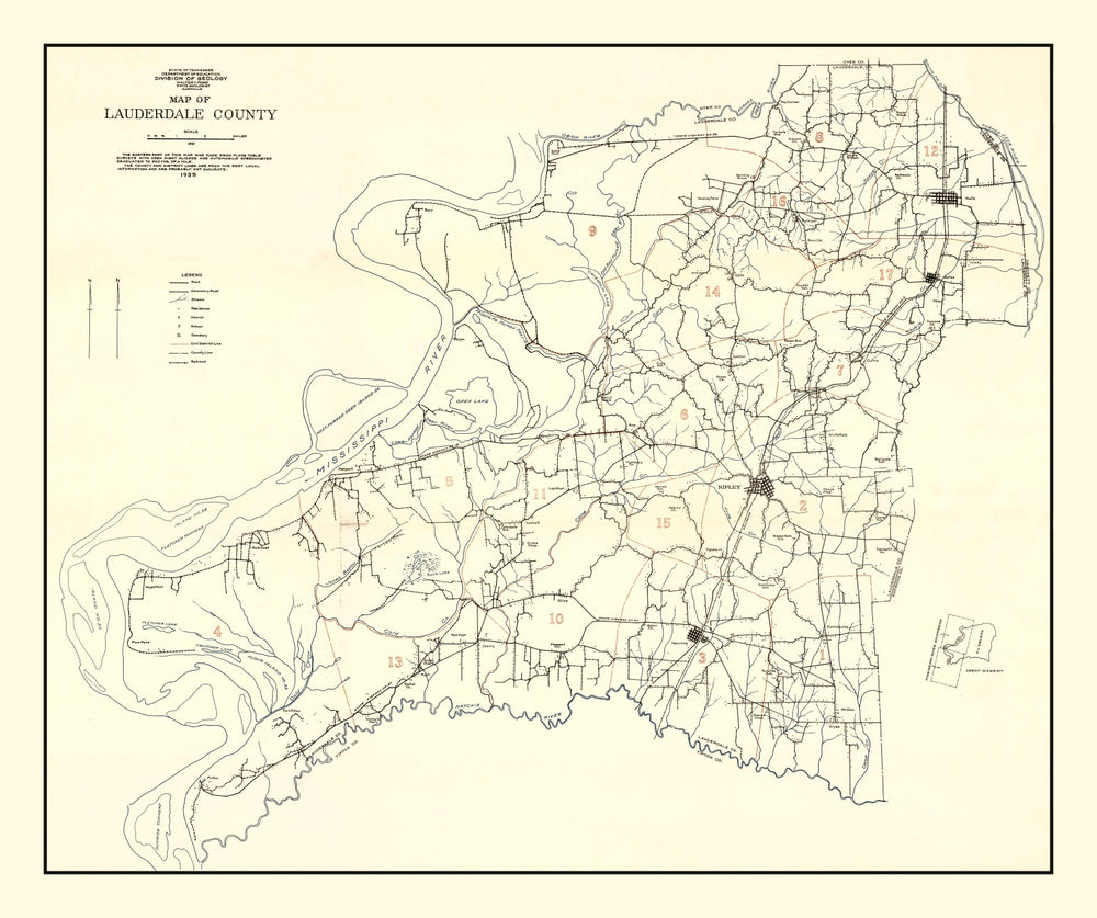 Vintage Map of Lauderdale County, Tennessee 1935 print style example