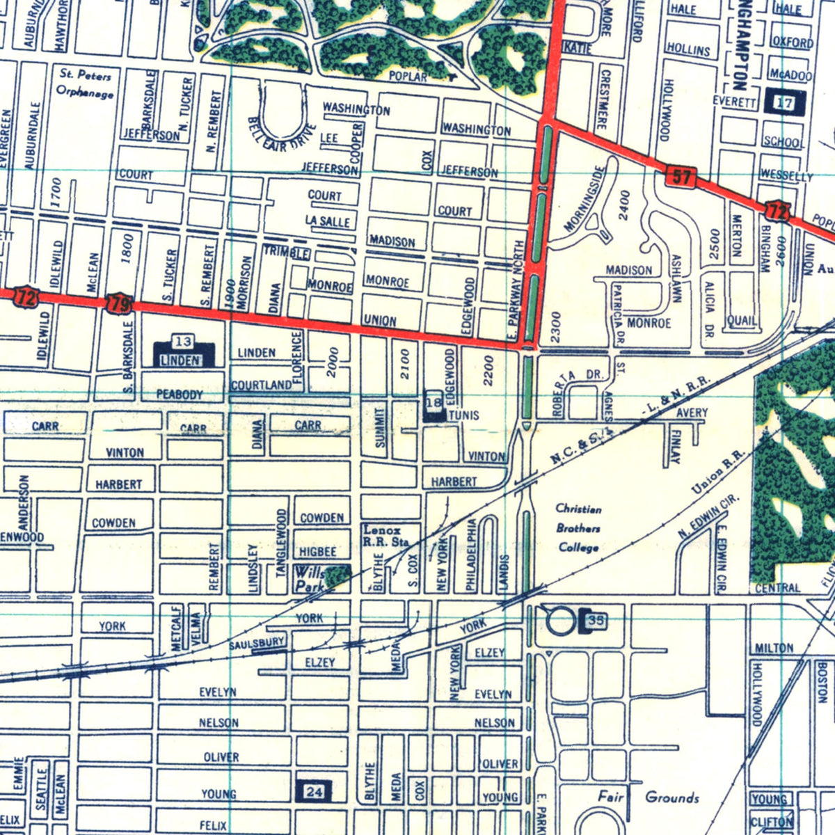Restored historic details from the 1951 city map of Memphis, Tennessee