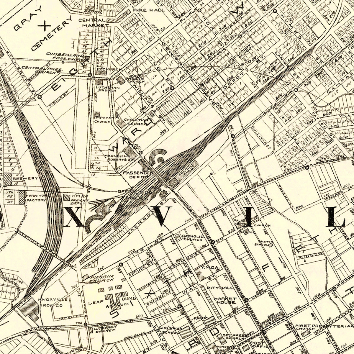 Restored historic details from the 1895 city map of Knoxville, Tennessee