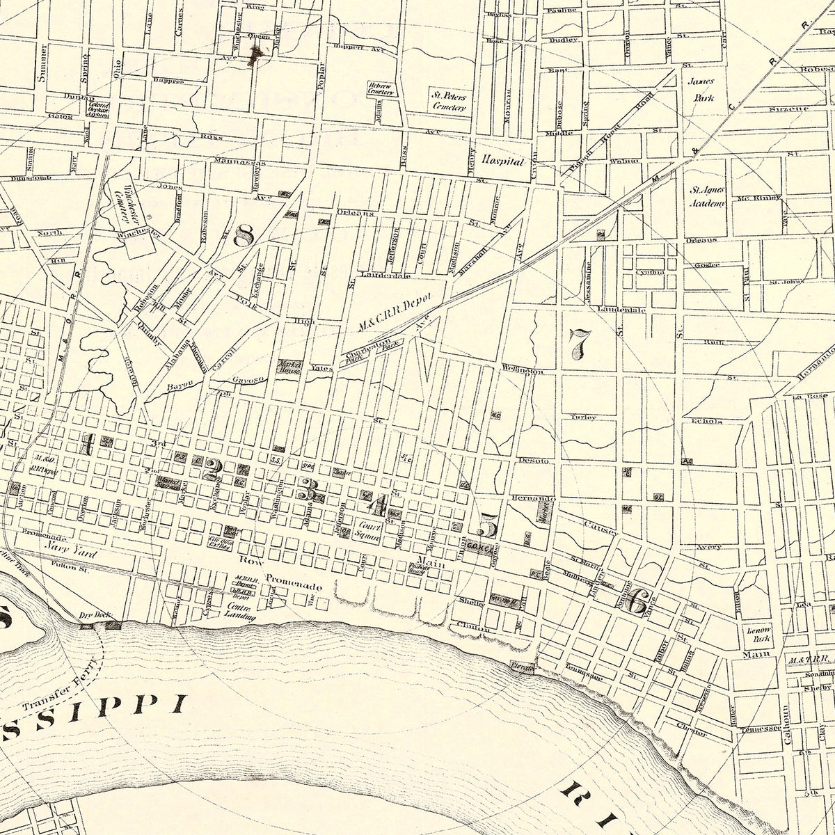 Restored historic details from the 1872 city map of Memphis, Tennessee