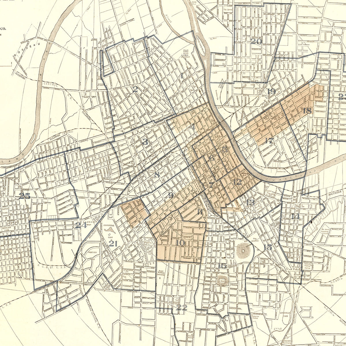 Restored historic details from the 1907 city map of Nashville, Tennessee