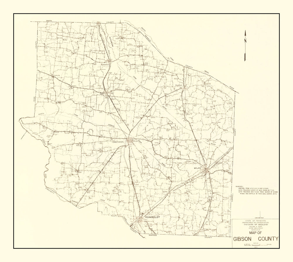 Vintage Map of Gibson County, Tennessee 1937 print style example