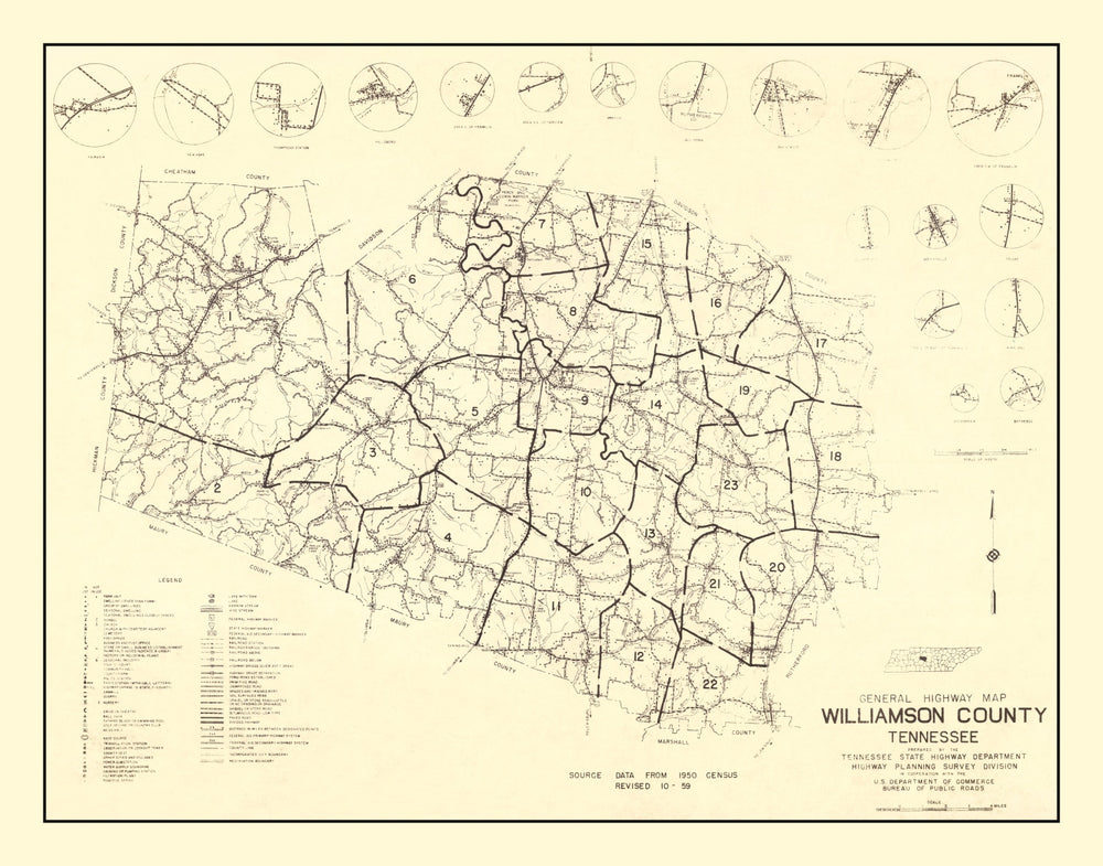 Vintage Map of Williamson County, Tennessee 1959 print style example