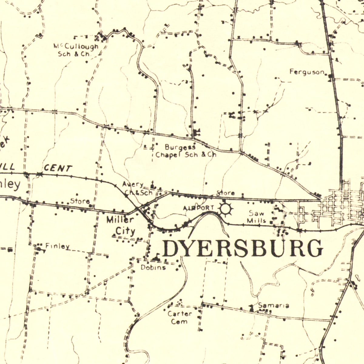 Restored historic details from the 1936 county map of Dyer County, Tennessee