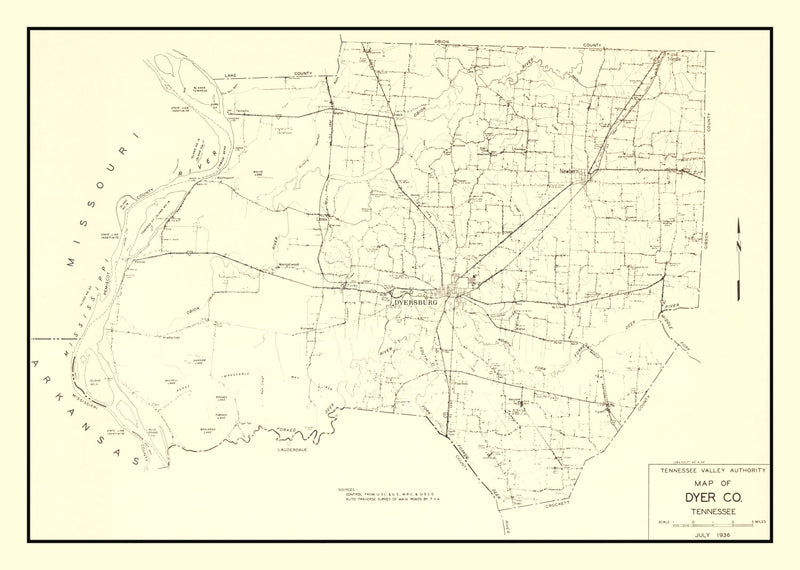 Size comparison using Vintage Map of Dyer County, Tennessee 1936