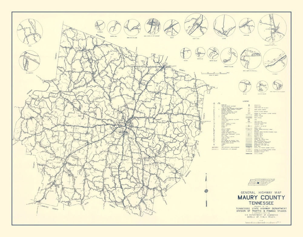 Vintage Map of Maury County, Tennessee 1951 print style example