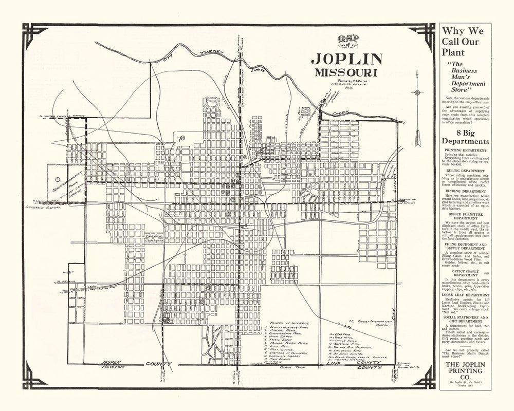 Vintage Map of Joplin, Missouri 1923 print style example