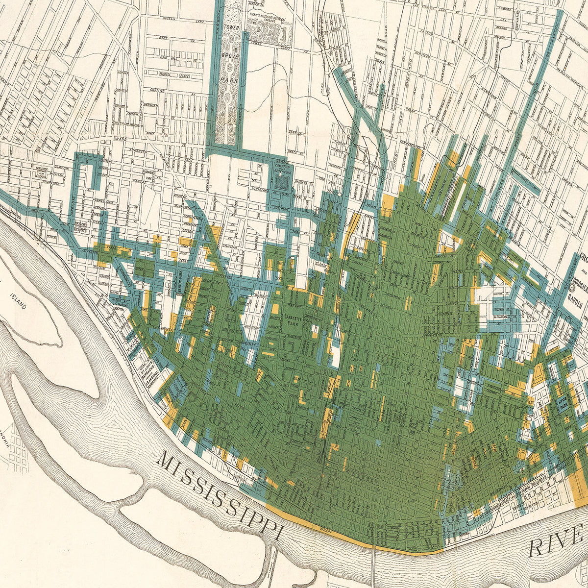 Restored historic details from the 1884 city map of Saint Louis, Missouri