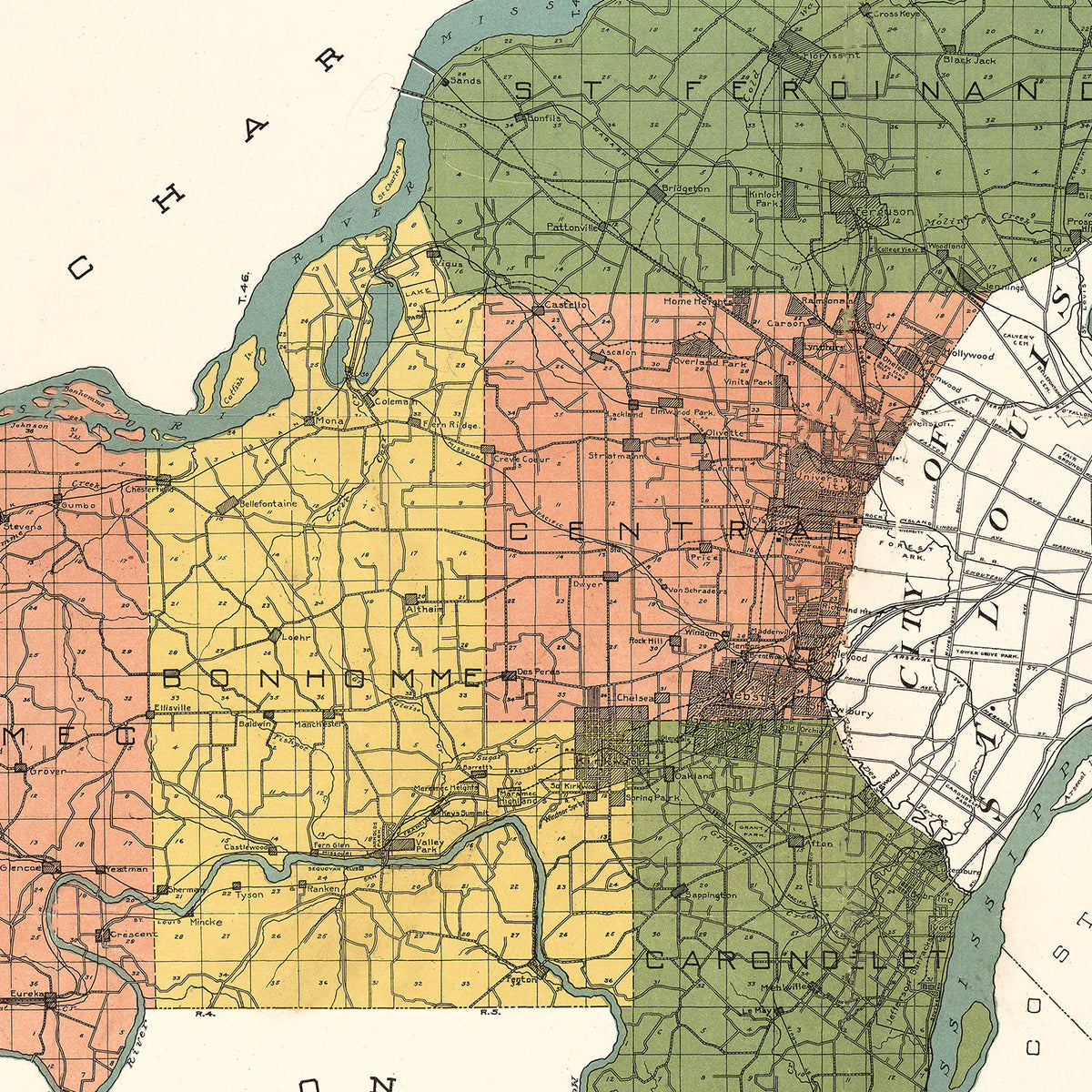 Restored historic details from the 1912 county map of St. Louis County, Missouri