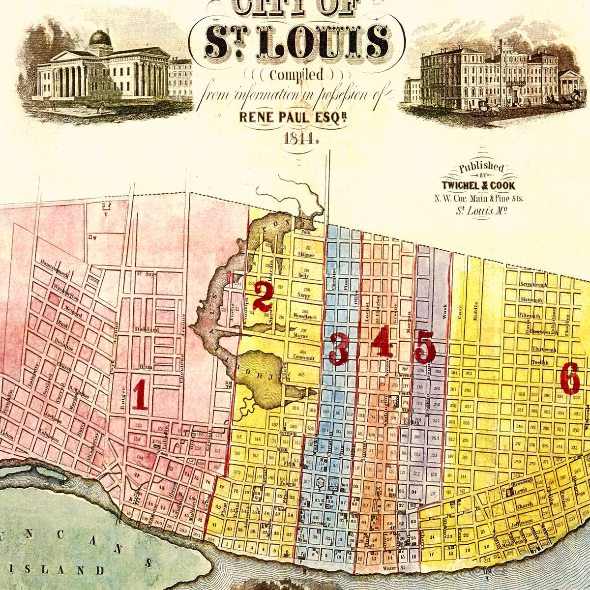 Restored historic details from the 1844 city map of Saint Louis, Missouri