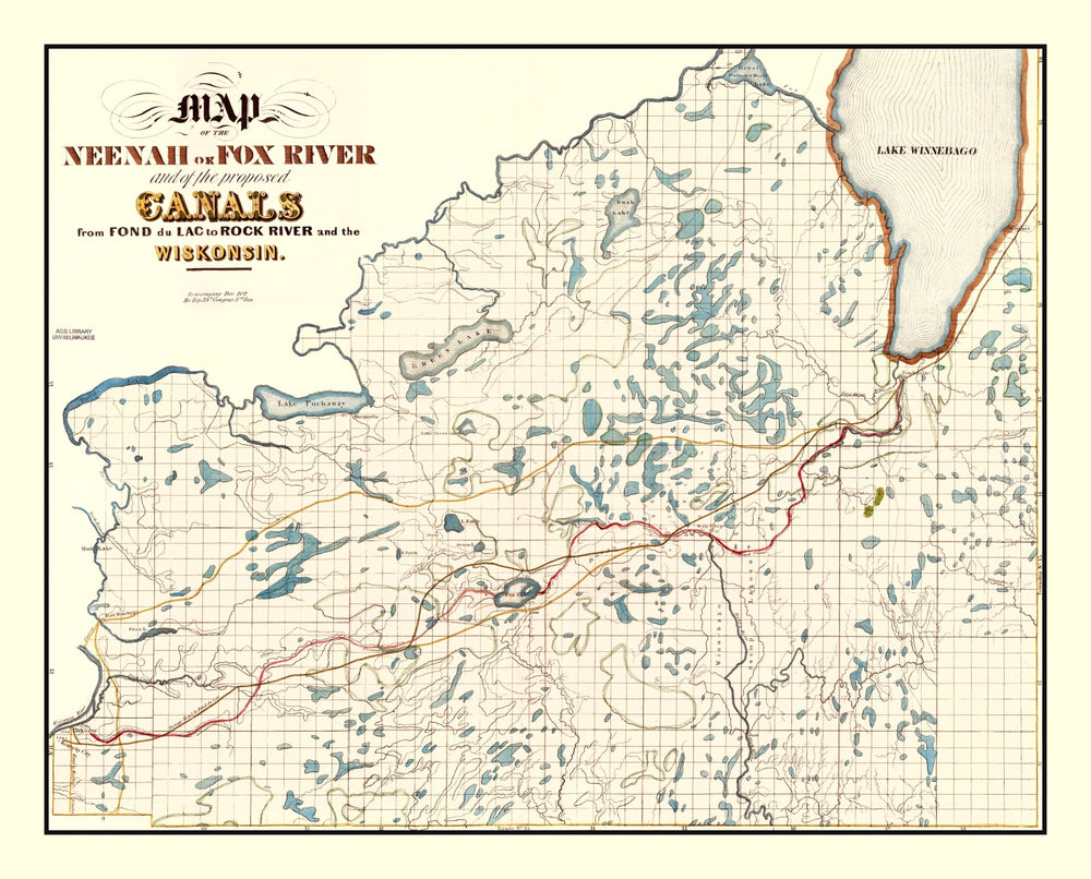 Vintage Fox River, WI Map 1839 print style example