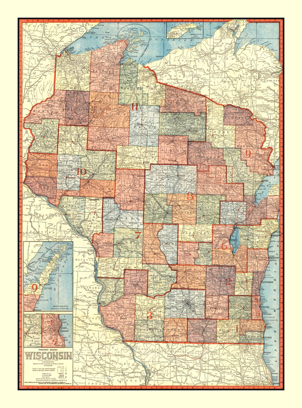 Vintage Map of Wisconsin 1907 print style example