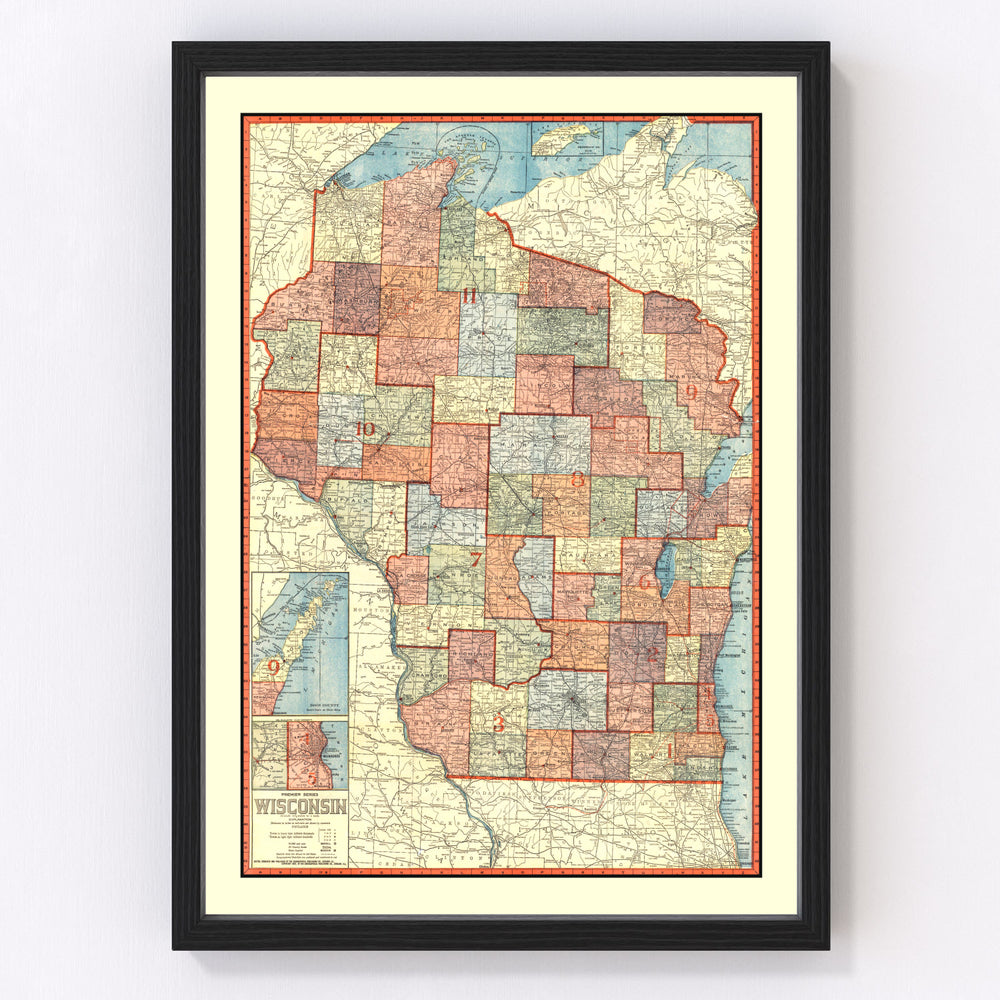 Wisconsin Vintage Map 1907