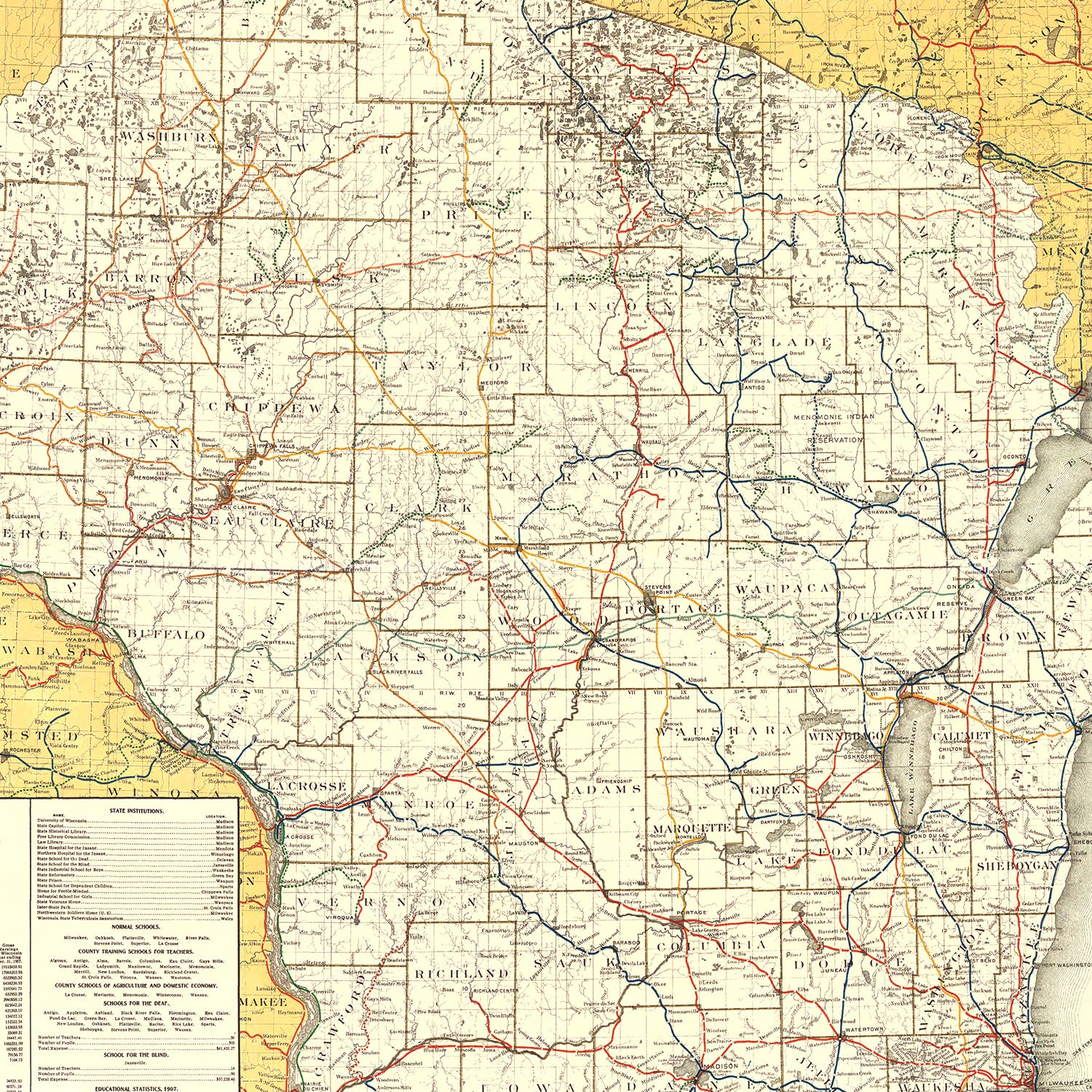 Restored historic details from the 1908 state map of County, Wisconsin