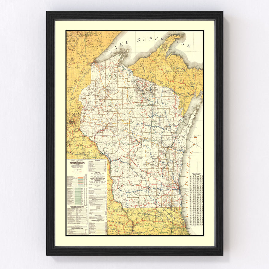 Vintage Railroad Map of Wisconsin 1908