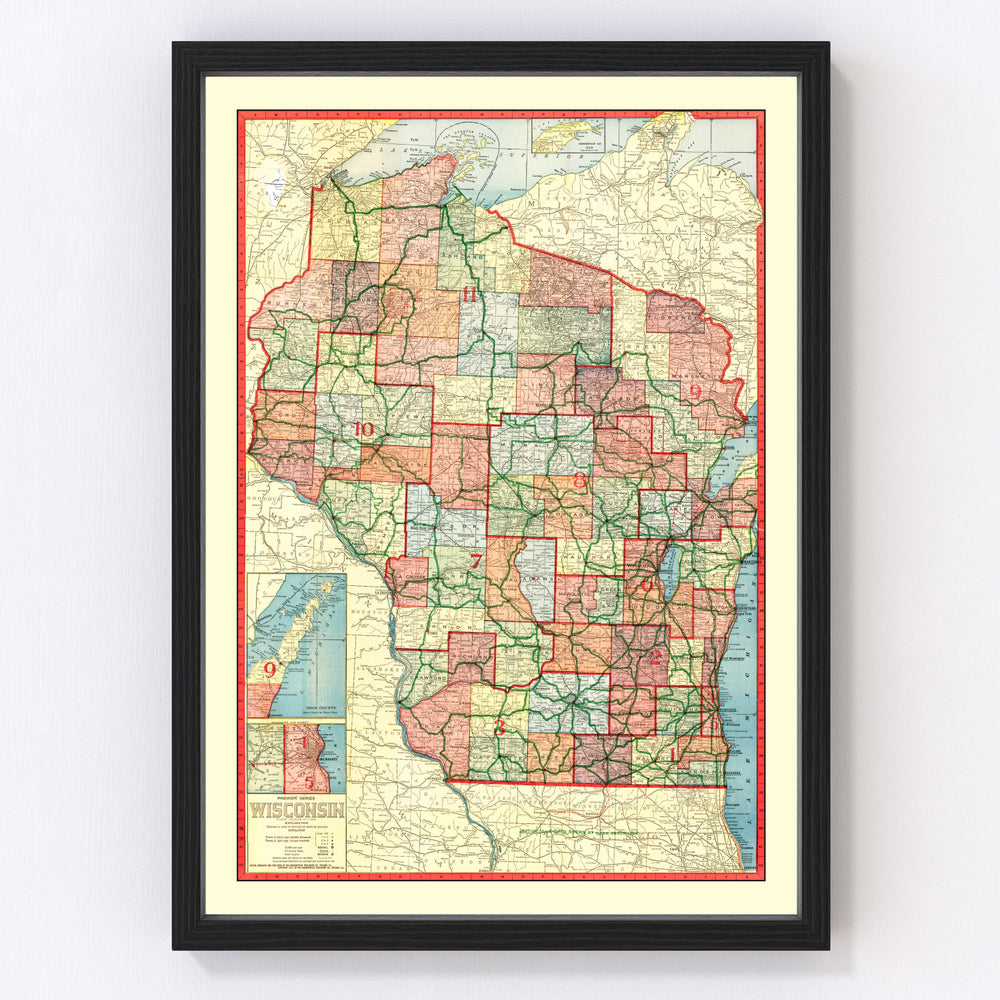 Wisconsin Vintage Map 1913