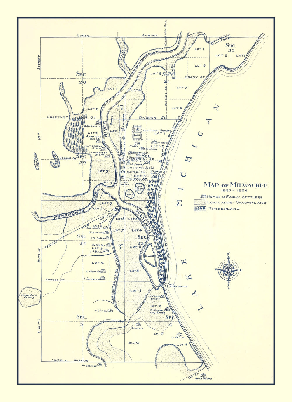 Vintage Map of Milwaukee, Wisconsin 1836 print style example