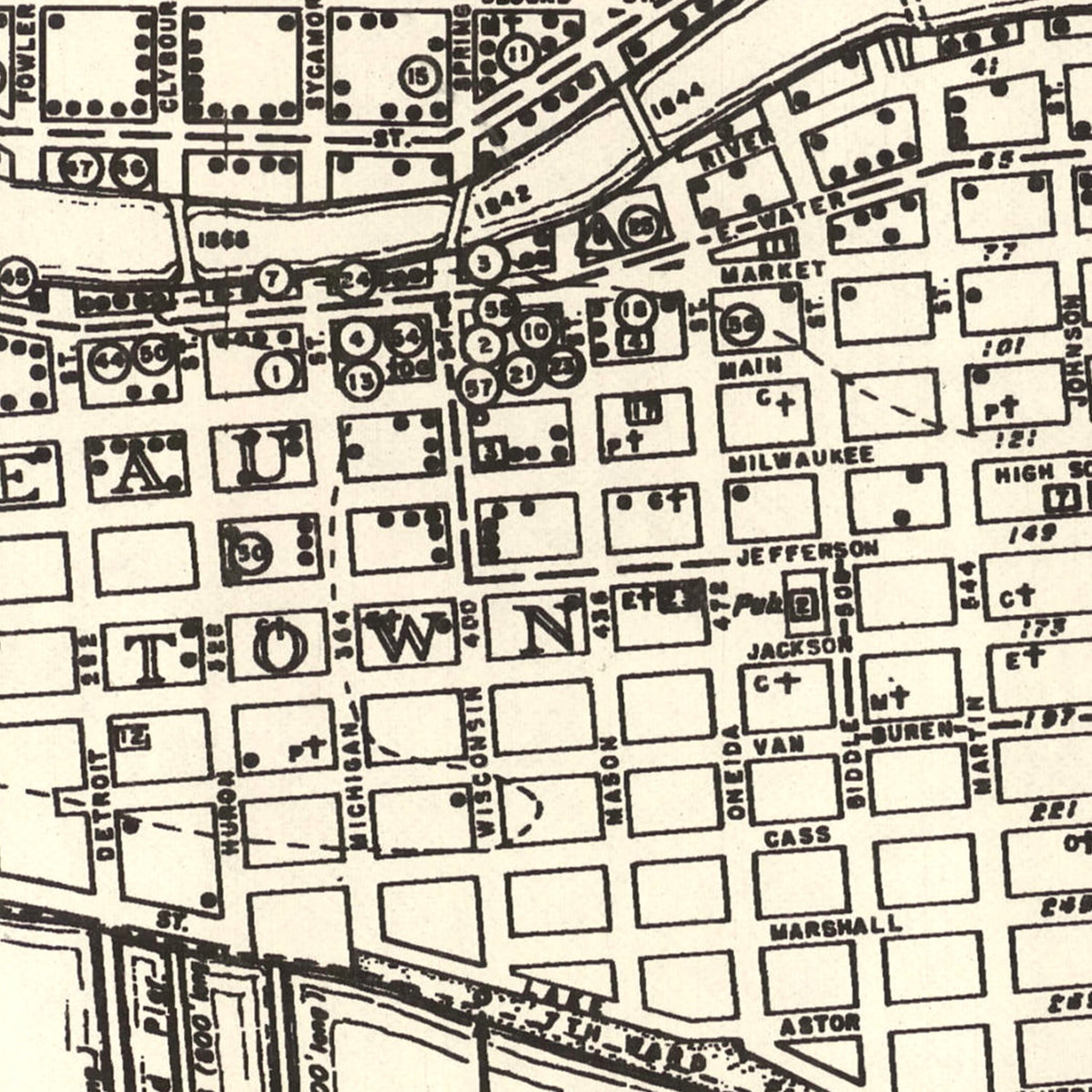 Restored historic details from the 1870 city map of Milwaukee, Wisconsin
