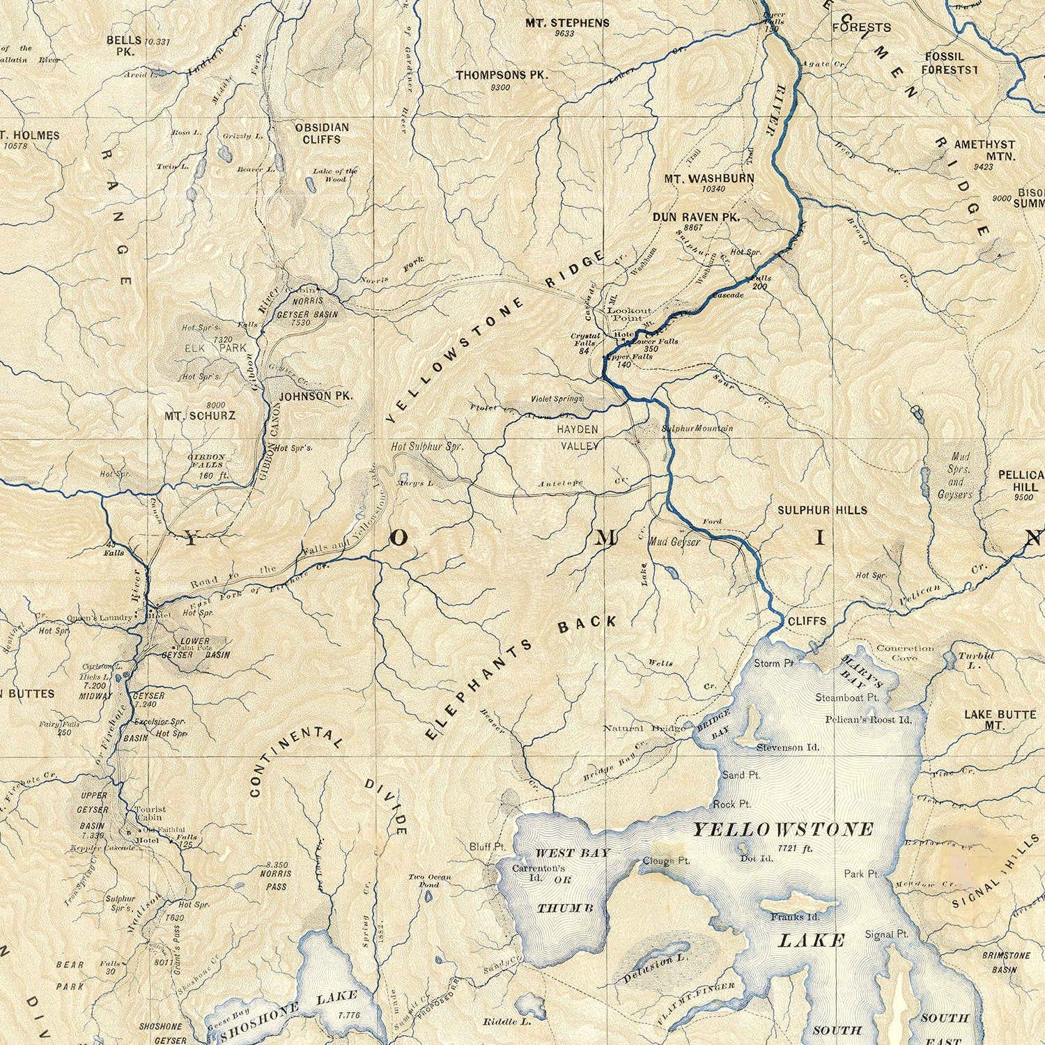 Restored historic details from the 1882 national park map of County, Wyoming