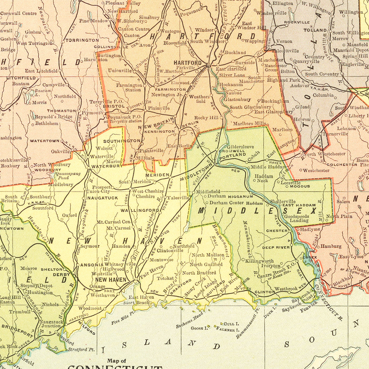 Restored historic details from the 1900 state map of County, Connecticut