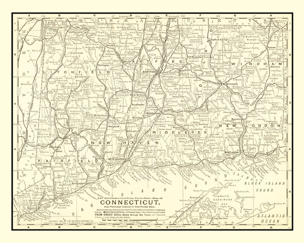 Vintage Map of Connecticut 1898 print style example