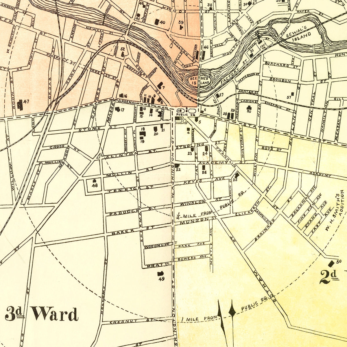 Restored historic details from the 1889 city map of Watertown, New York