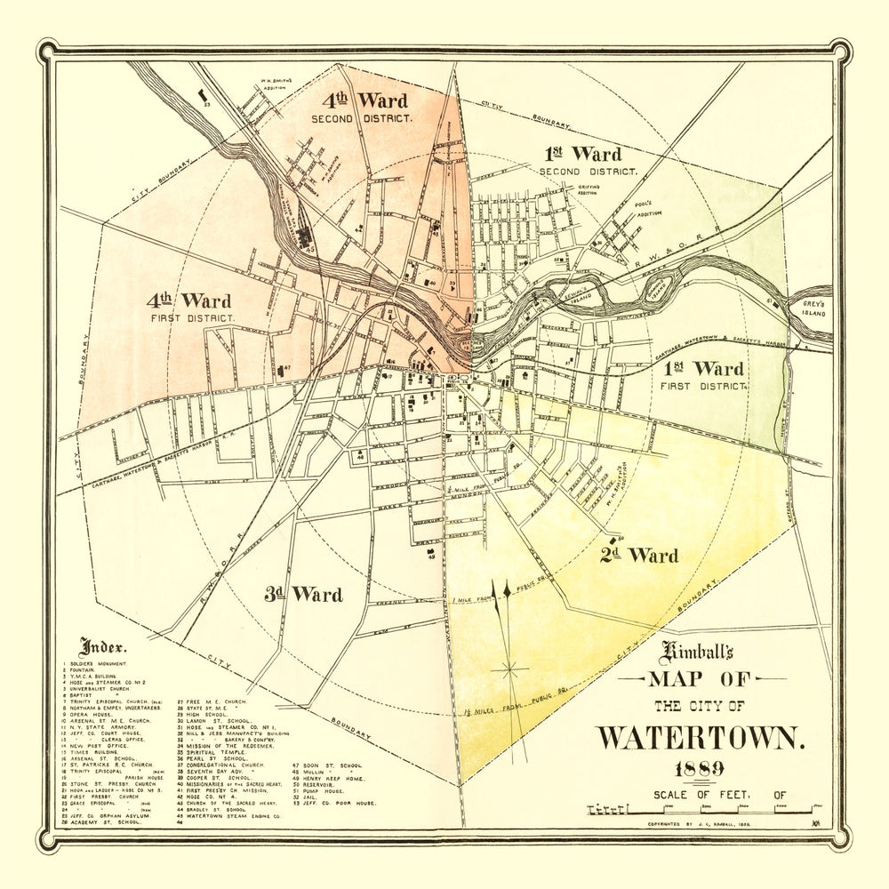 Vintage Map of Watertown, New York 1889 print style example