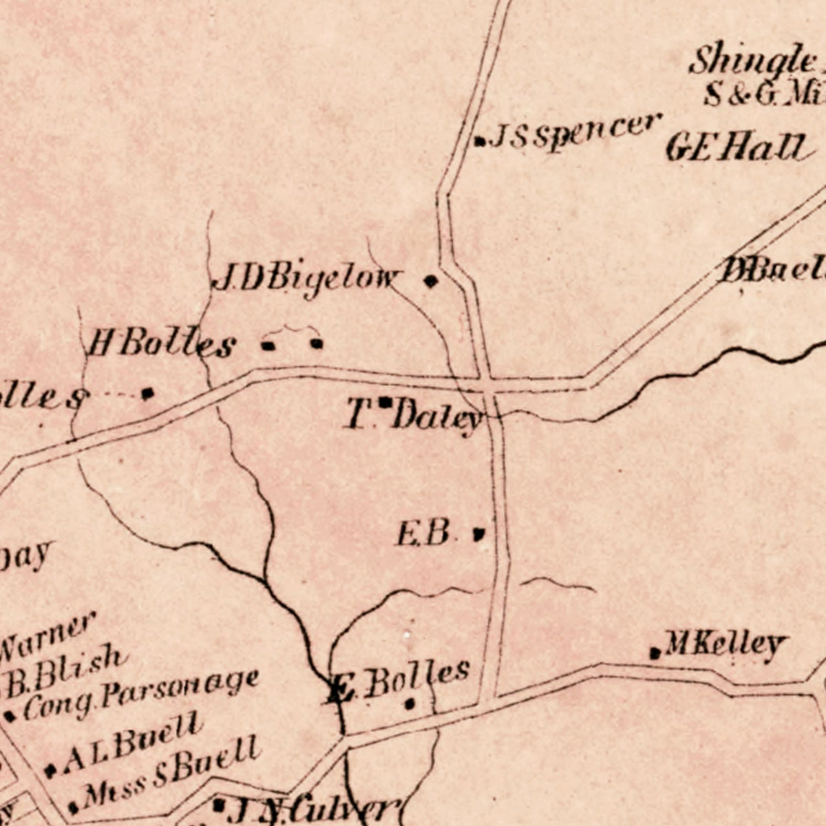 Restored historic details from the 1869 city map of Marlborough, Connecticut