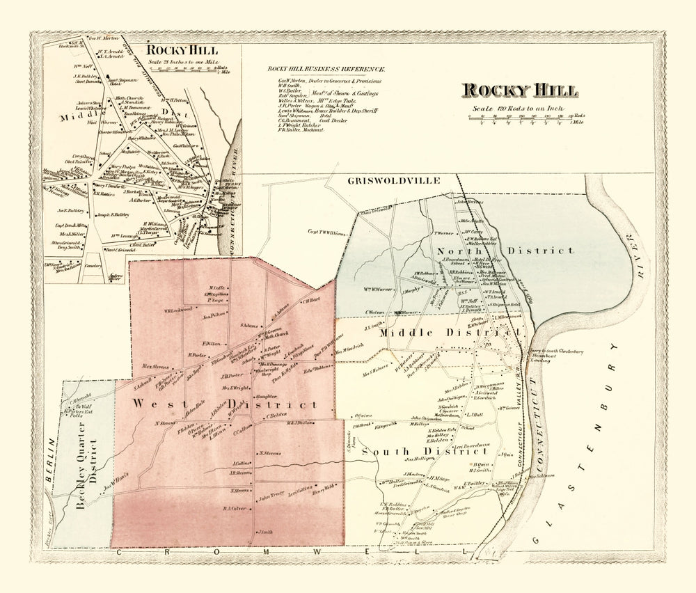 Vintage Map of Rocky Hill, Connecticut 1869 print style example