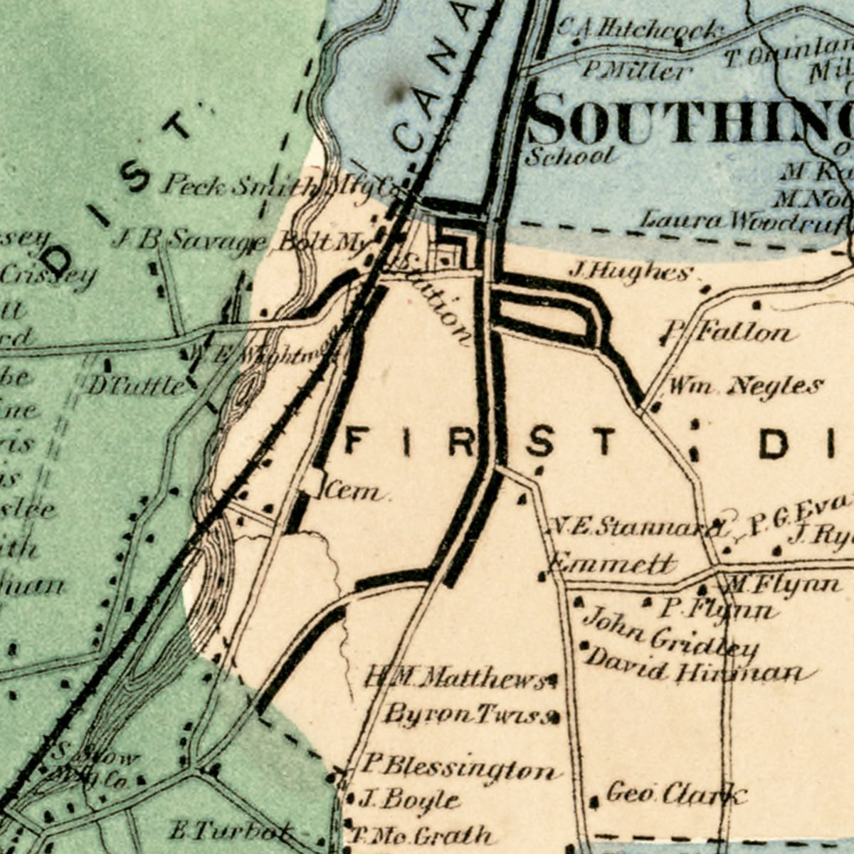 Restored historic details from the 1869 city map of Southington, Connecticut