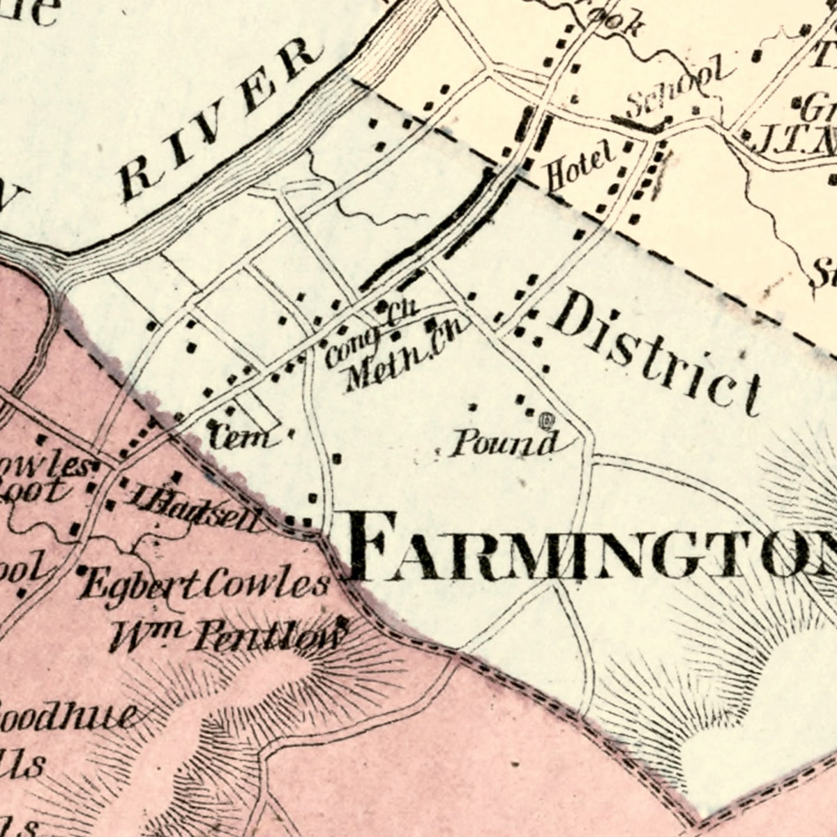 Restored historic details from the 1869 city map of Farmington, Connecticut