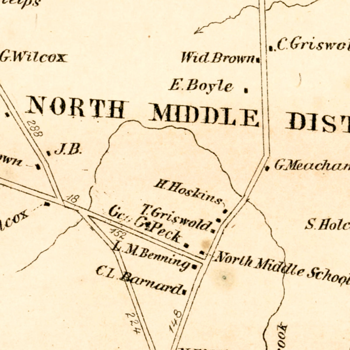 Restored historic details from the 1869 city map of Bloomfield, Connecticut