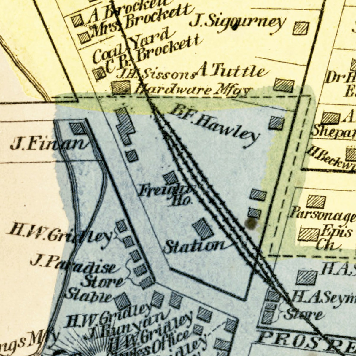 Restored historic details from the 1869 city map of Bristol, Connecticut
