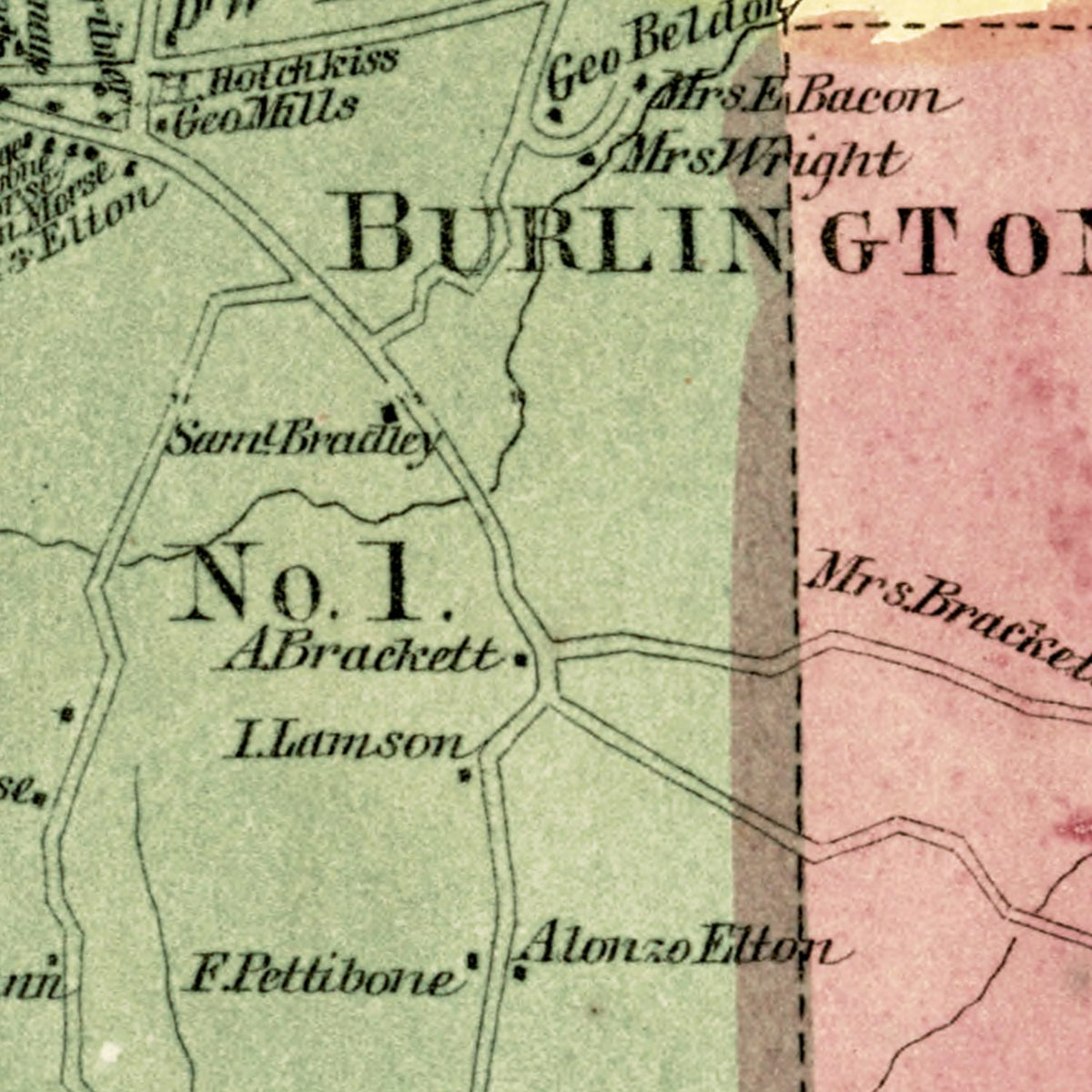Restored historic details from the 1869 city map of Burlington, Connecticut