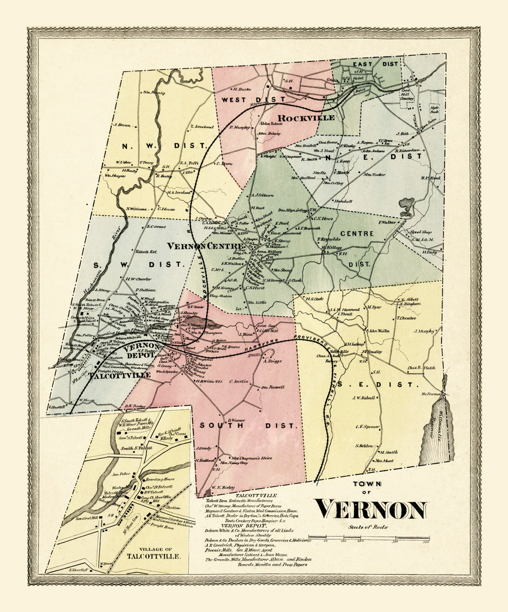 Vintage Map of Town of Vernon, Connecticut 1869 print style example