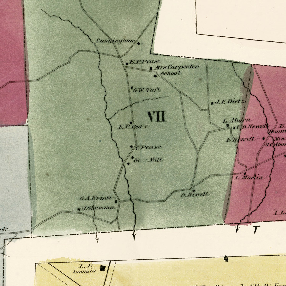 Restored historic details from the 1869 city map of Town of Ellington, Connecticut