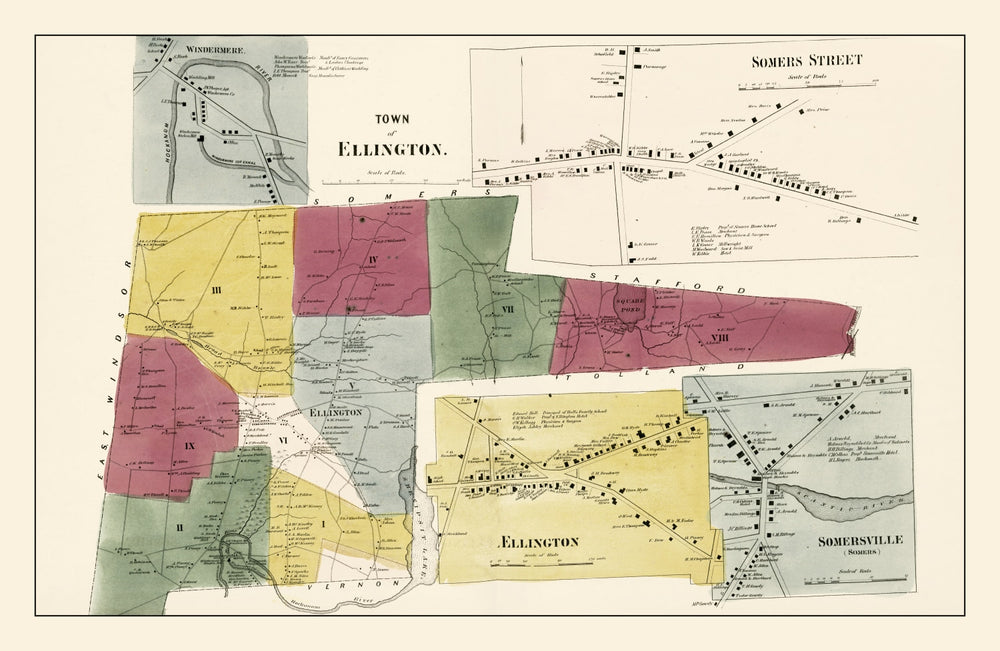 Vintage Map of Town of Ellington, Connecticut 1869 print style example