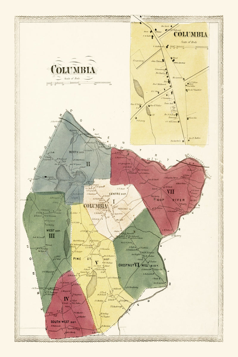 Size comparison using Vintage Map of Columbia, Connecticut 1869