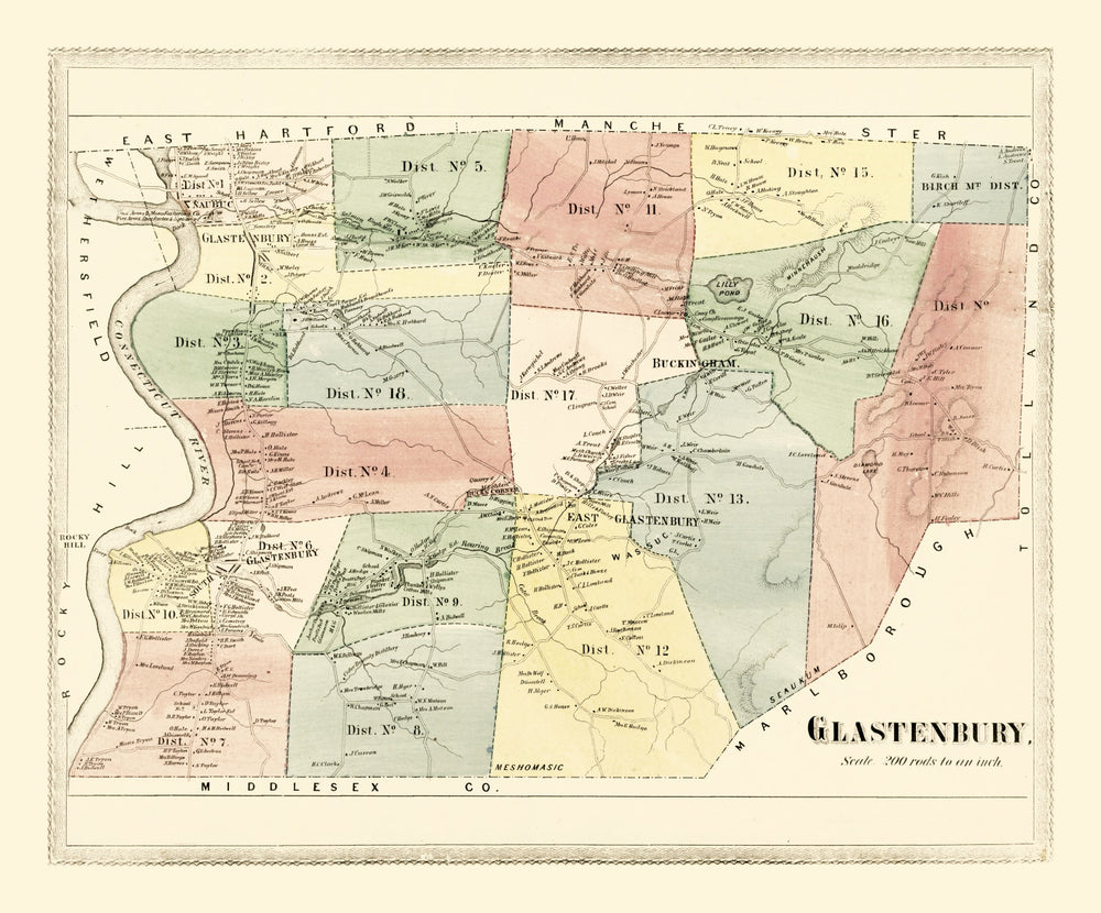 Vintage Map of Glastenbury, Connecticut 1869 print style example