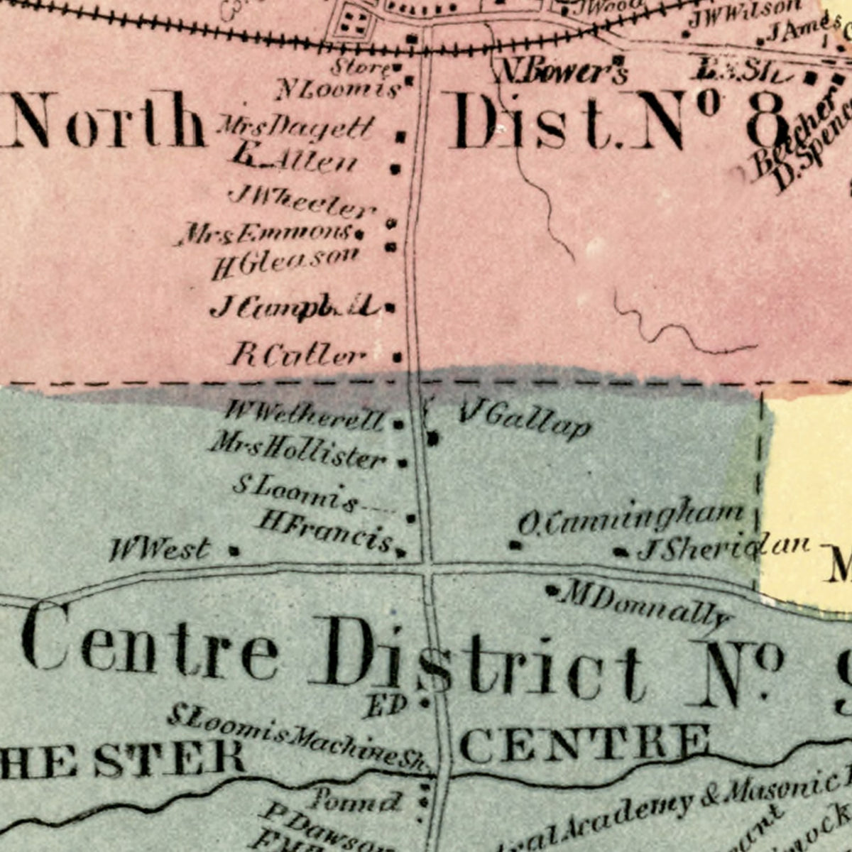 Restored historic details from the 1869 city map of Manchester, Connecticut