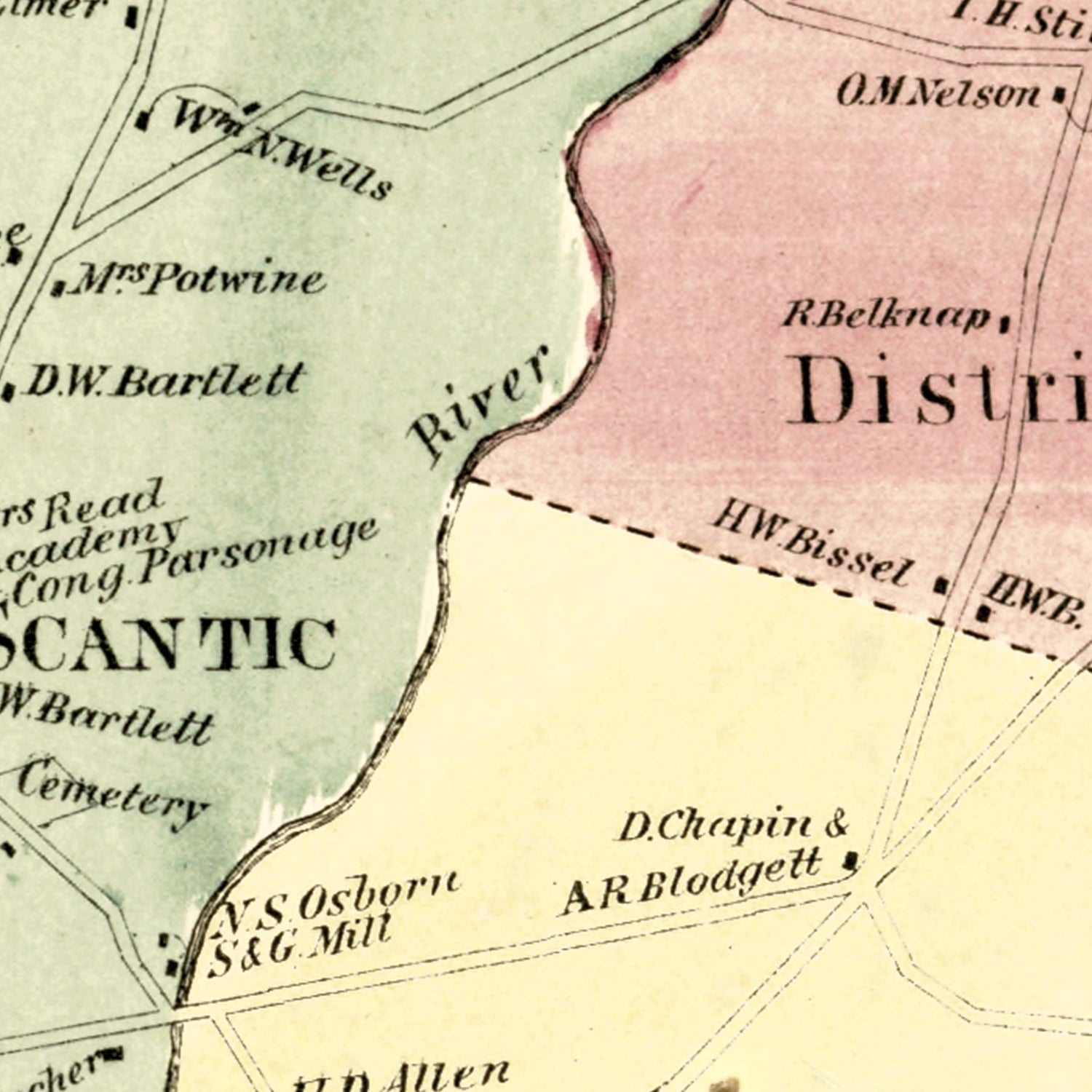 Restored historic details from the 1869 city map of East Windsor, Connecticut
