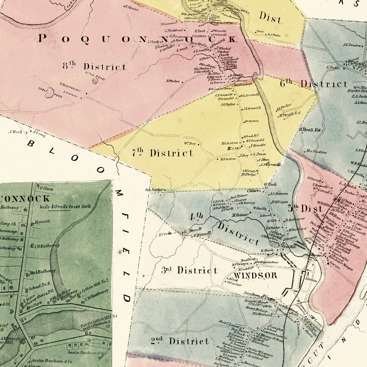Restored historic details from the 1869 city map of Windsor, Connecticut