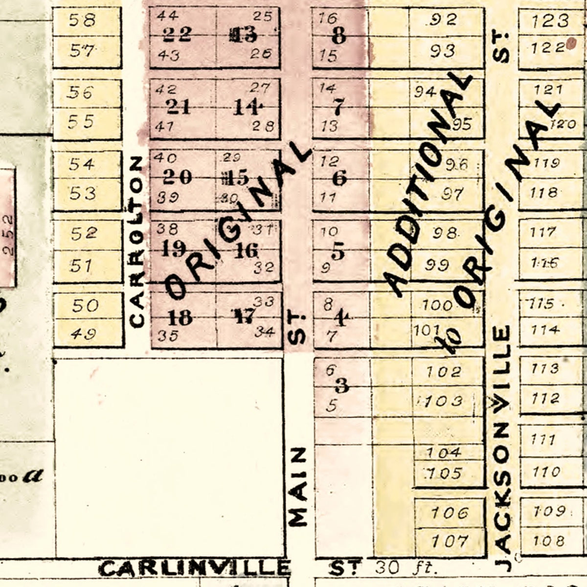 Restored historic details from the 1873 city map of White Hall, Illinois