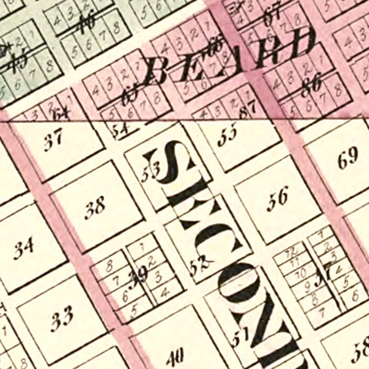 Restored historic details from the 1874 city map of Beardstown, Illinois