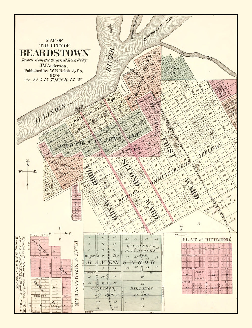 Vintage Map of Beardstown, Illinois 1874 print style example