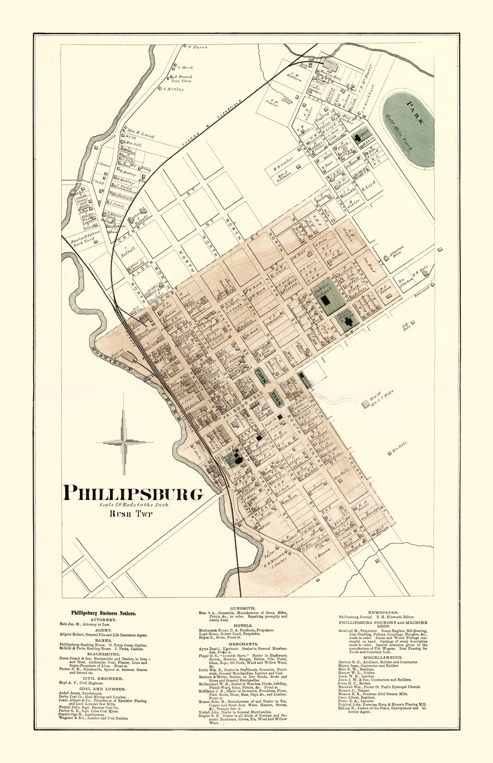 Vintage Map of Phillipsburg, Pennsylvania 1874 print style example