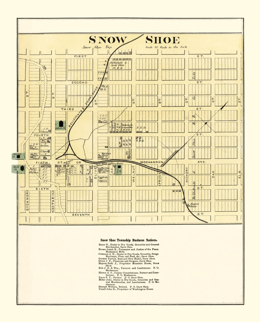 Vintage Map of Snow Shoe, Pennsylvania 1874 print style example