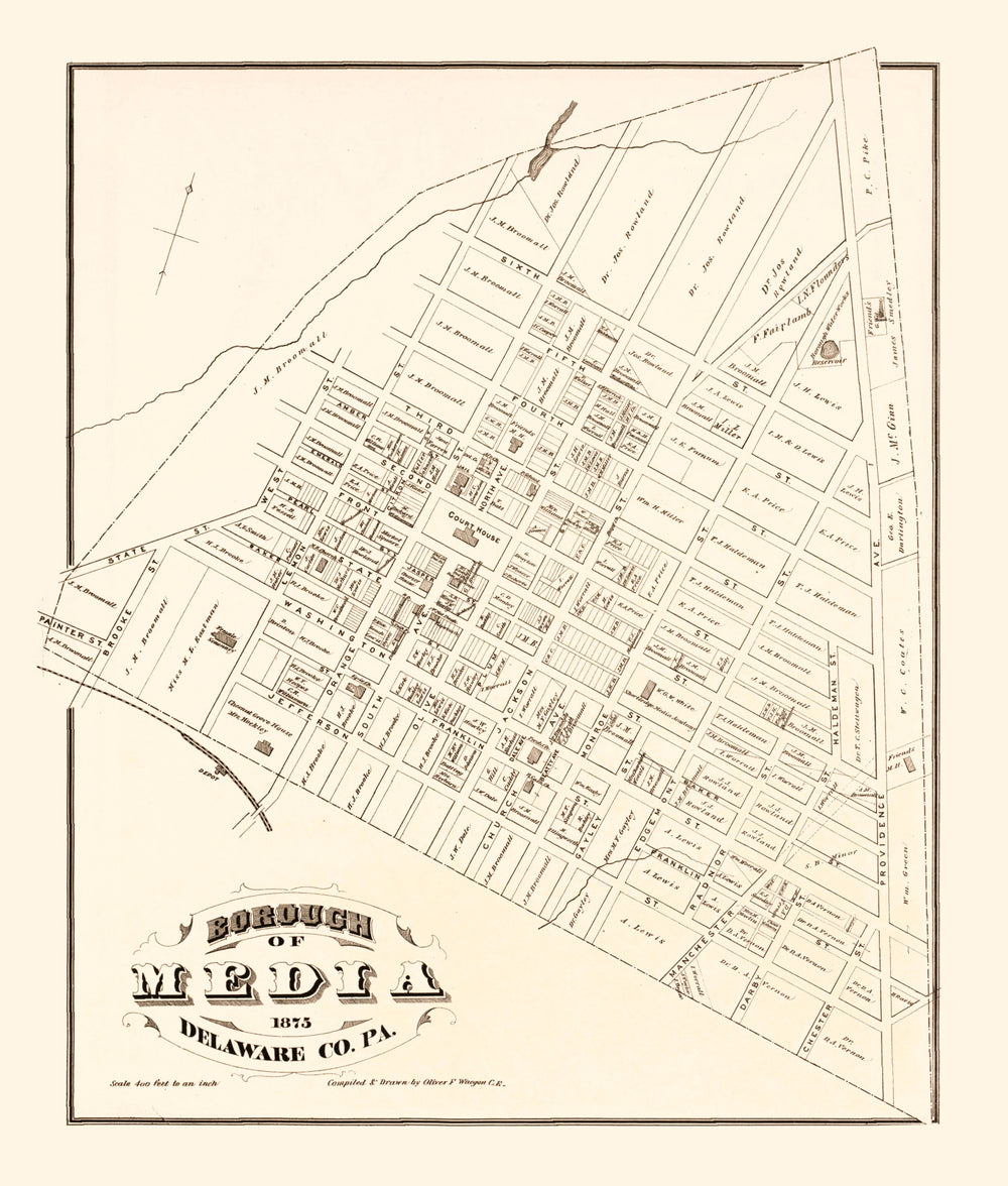 Vintage Map of Media, Pennsylvania 1875 print style example