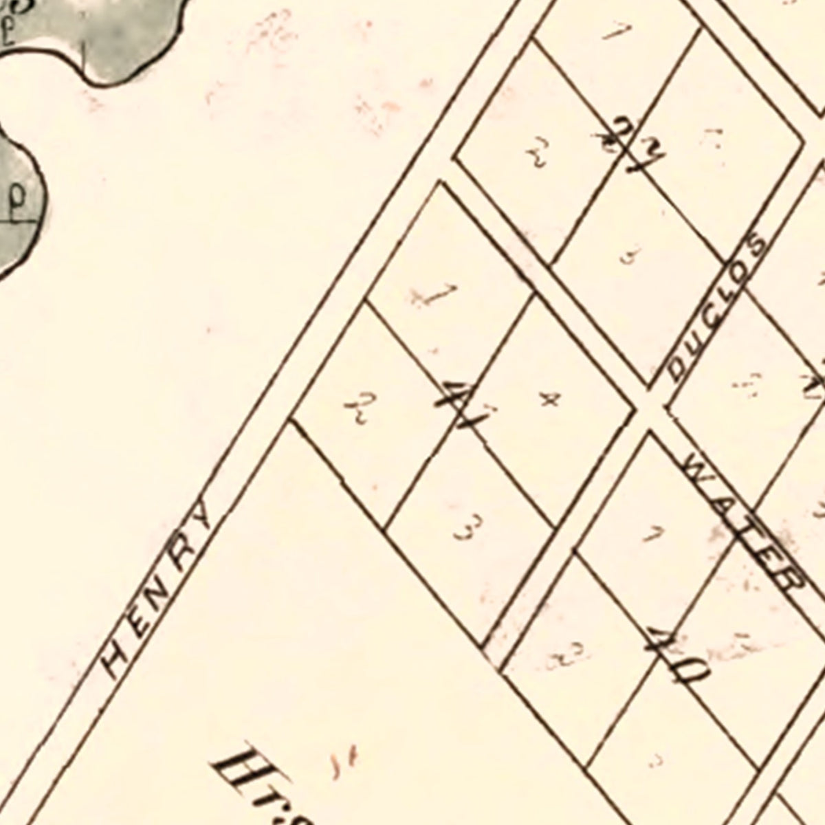 Restored historic details from the 1875 city map of Prairie and Rocher, Illinois