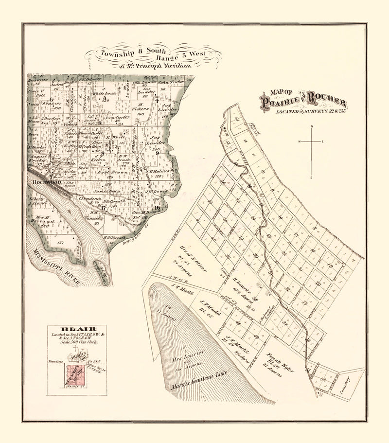 Size comparison using Vintage Map of Prairie and Rocher, Illinois 1875